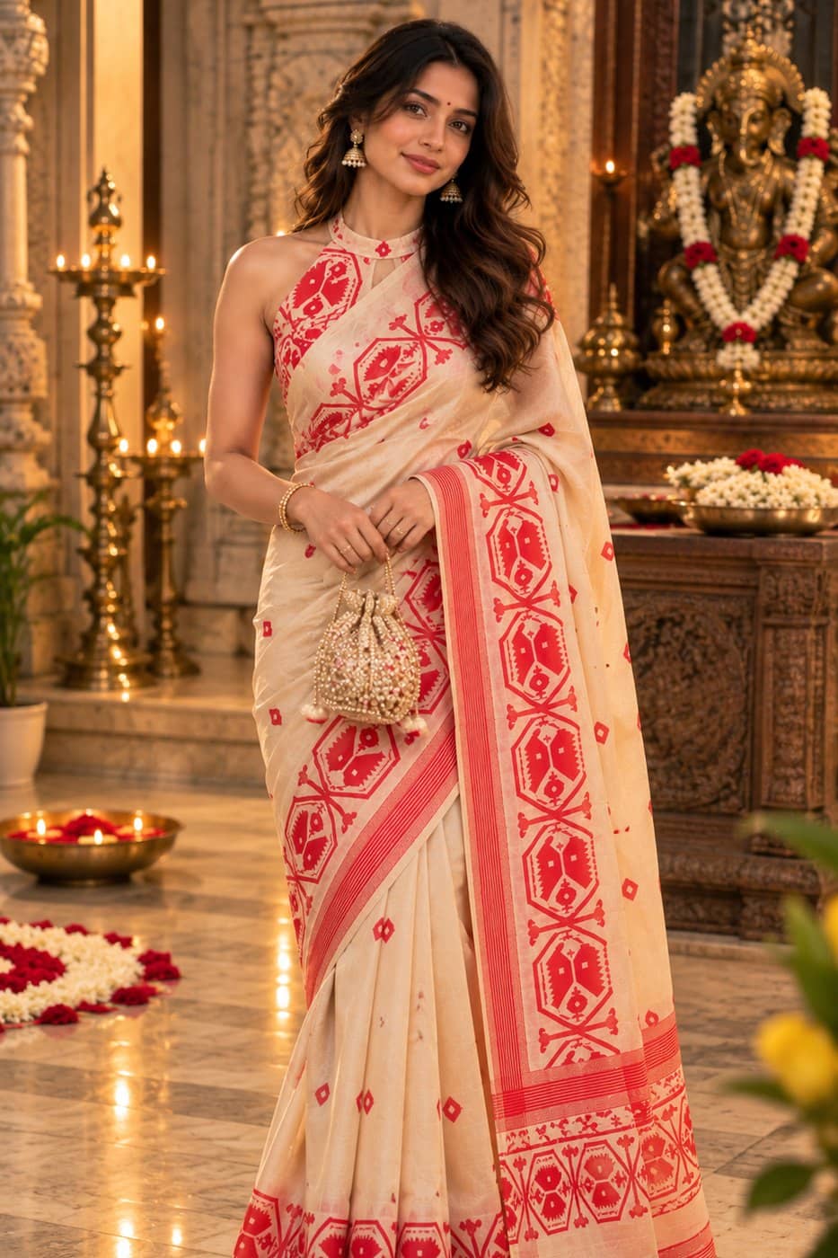 Cream & Red Dhakai Jamdani Saree