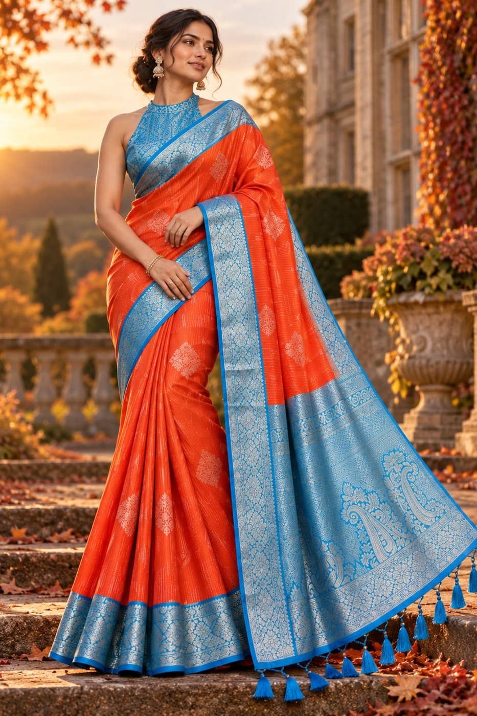 Orange & Sky Blue Salem Silk Saree