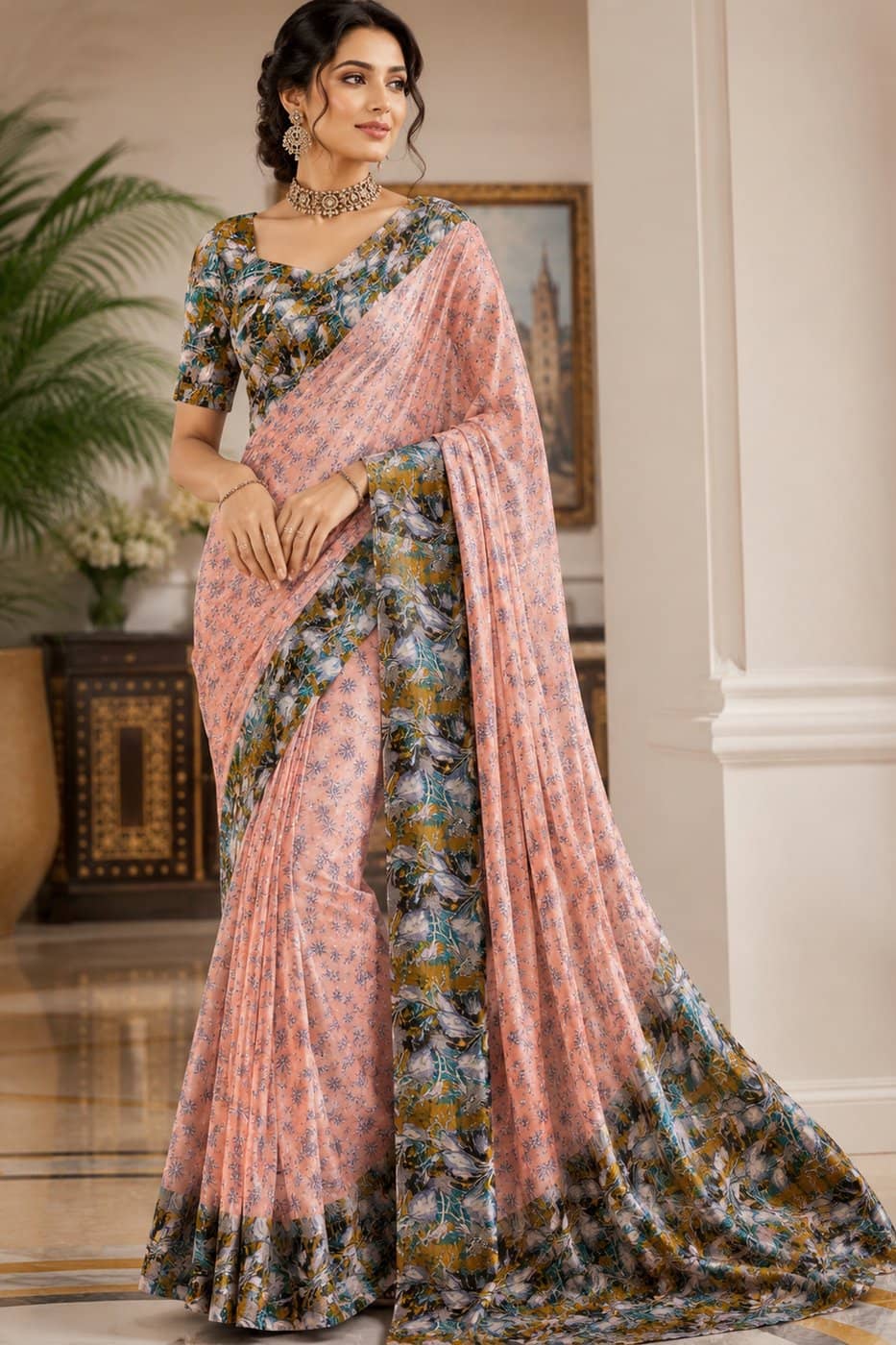 Peach Floral Saree with Kalamkari Border