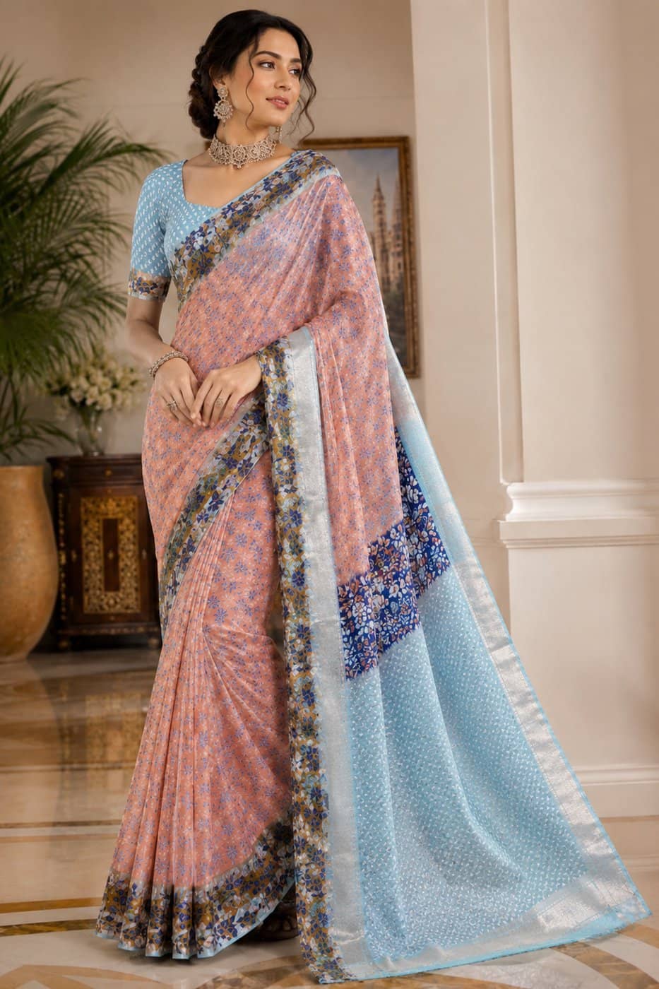 Peach & Sky Blue Floral Saree