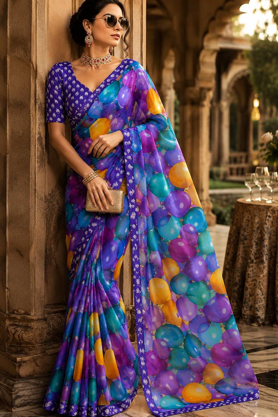 Purple Balloon-Print Georgette Saree