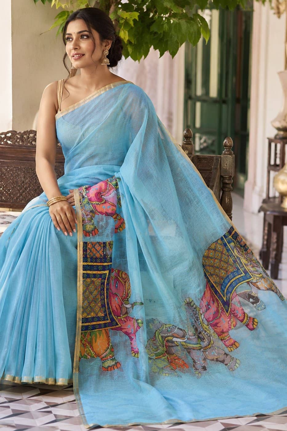 Sky Blue Pichwai Elephant Saree