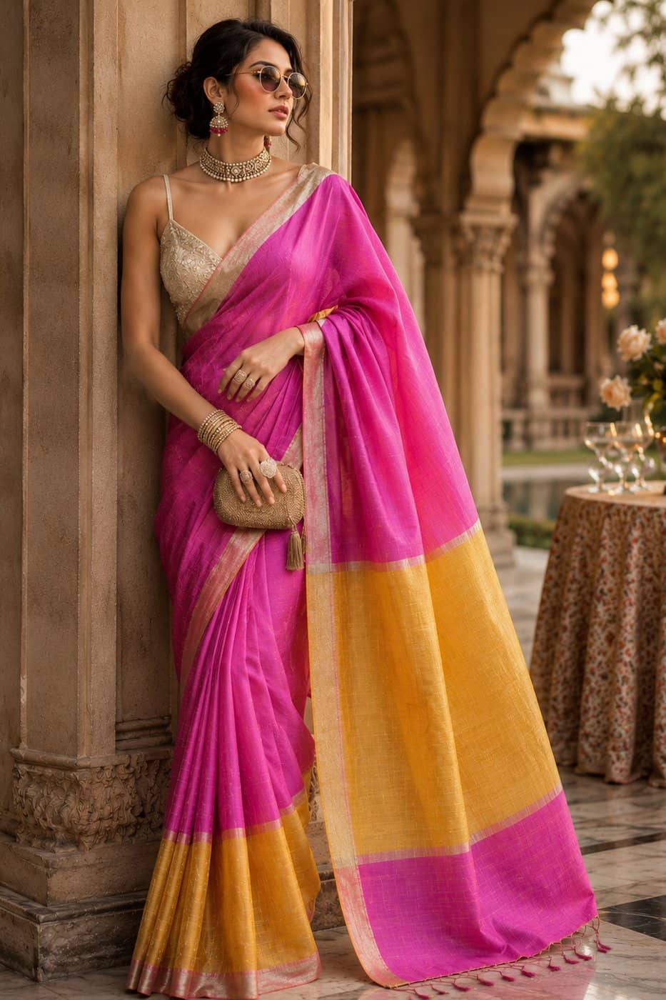 Pink & Yellow Linen-Mix Cotton Saree