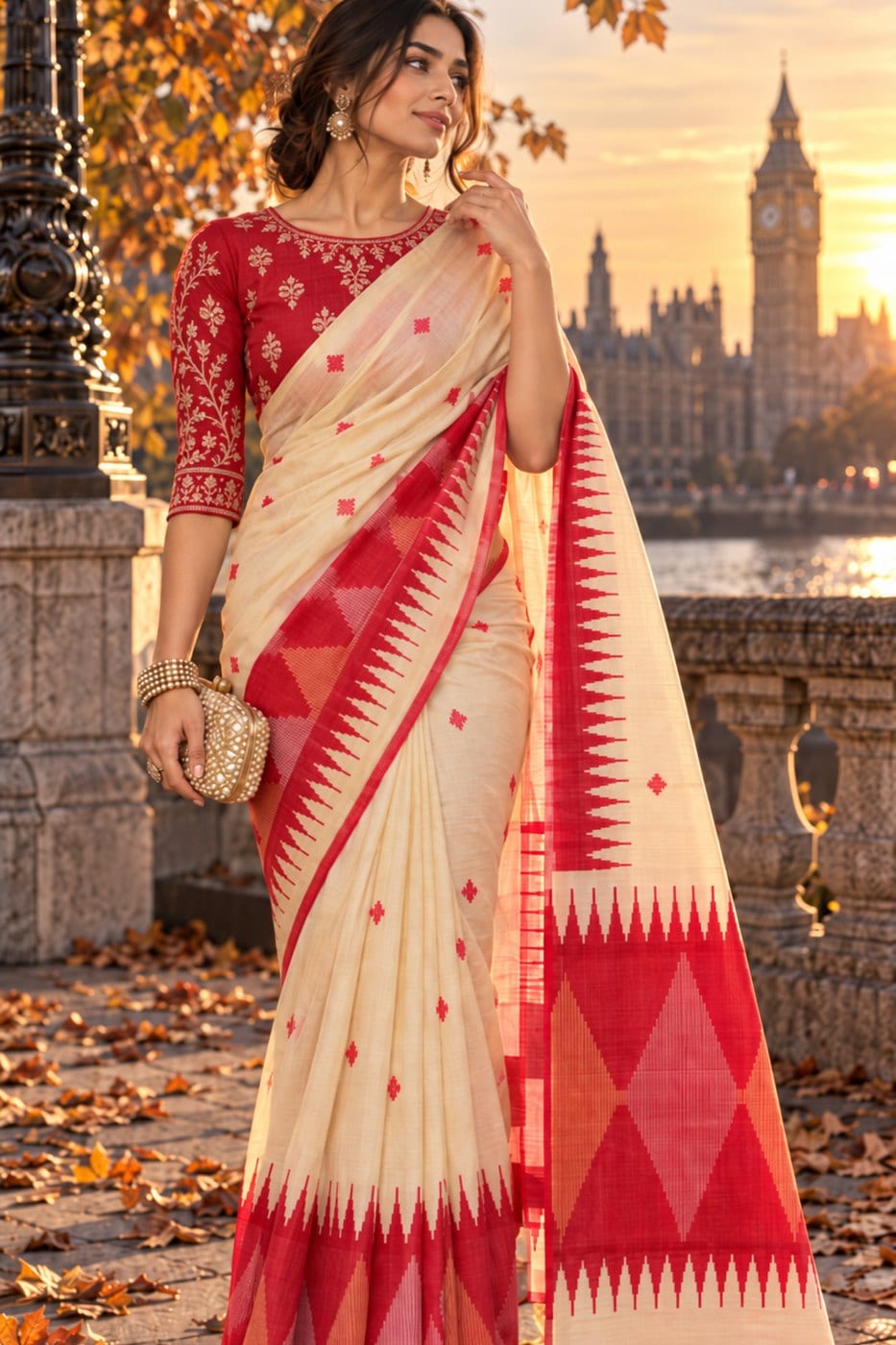 Ivory & Red Temple-Border Garad Saree