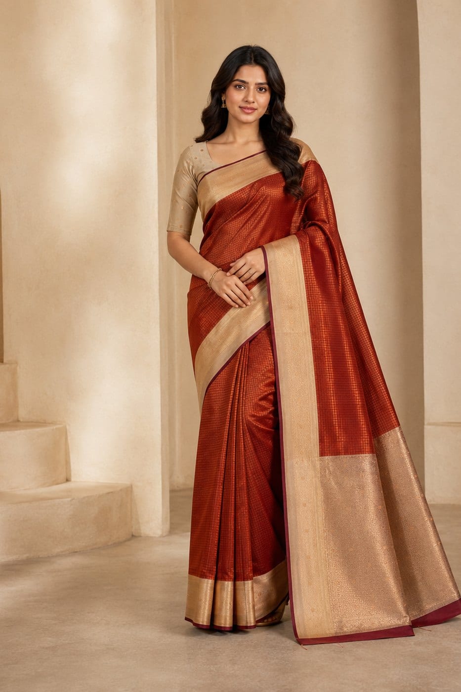 Rust Red Tussar Silk Saree