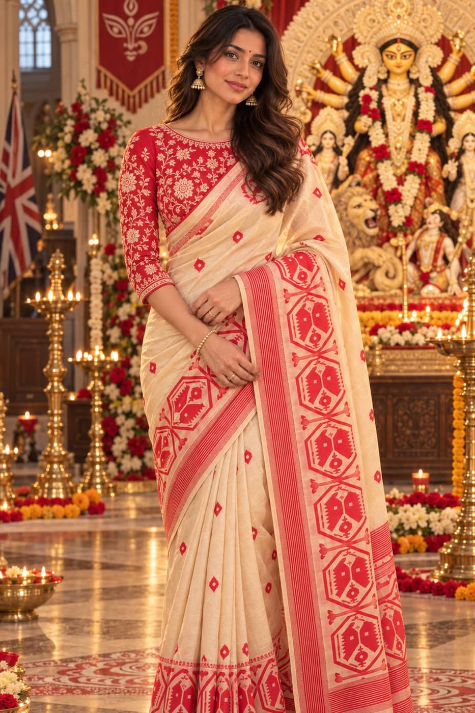 Ivory & Red Temple-Border Garad Saree
