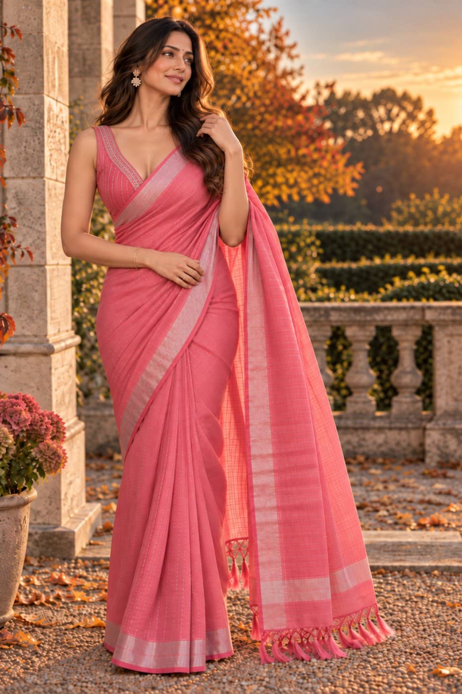 Rose Pink Tissue Saree with Silver Border